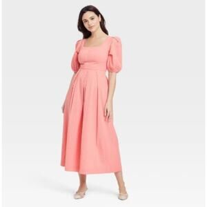 A New Day SZ XXL Women's Short Sleeve Midi Dress Coral Smocked Pleated NWT